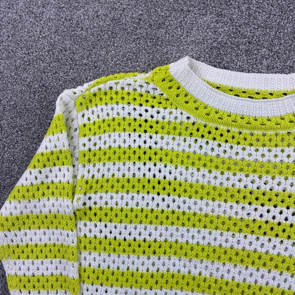 Tribal Crochet Sweater Women's Large Lime Green White Striped Open Knit - Picture 2 of 5